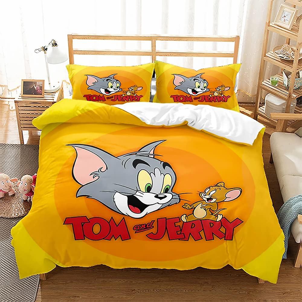 Juego de funda nórdica Tom and Jerry 100% algodón de fibra larga, juego de ropa de cama transpirable Funda de edredón ligera con cierre de botón oculto TAJ 03)