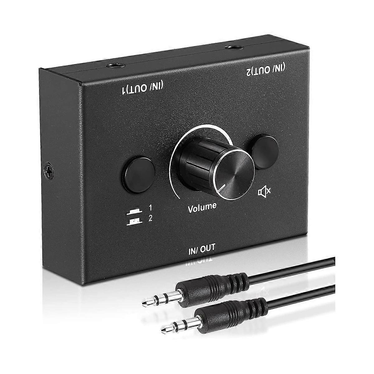 Black 3.5Mm Audio Switcher, Input 1 Output/1 Input Output Audio Splitter Switcher, Audio Switcher Box,One-Key Mute Button Size 2