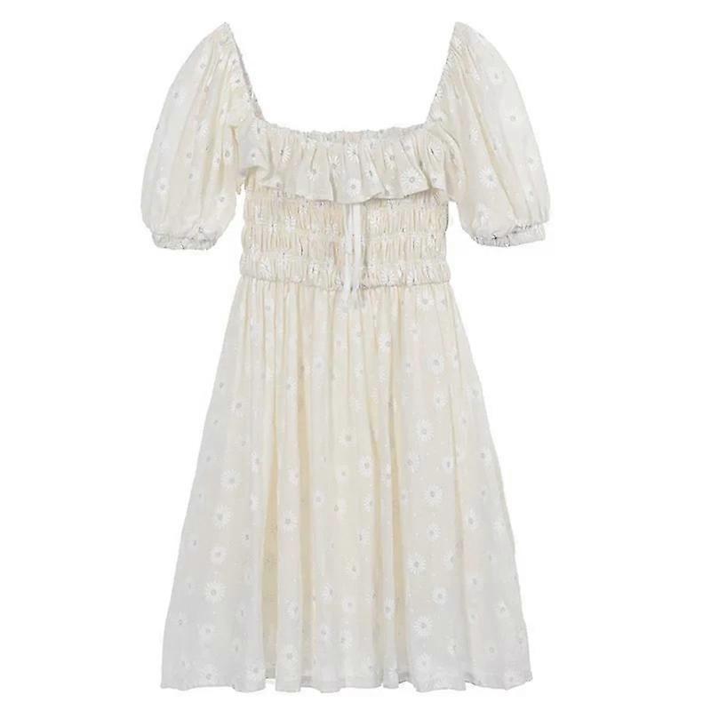 Sexy Ruffles Women Puffed Sleeves Dress Square Neck Bow Slim Waaist Floral Dresses  New Summer Girls Princess pleated dresses