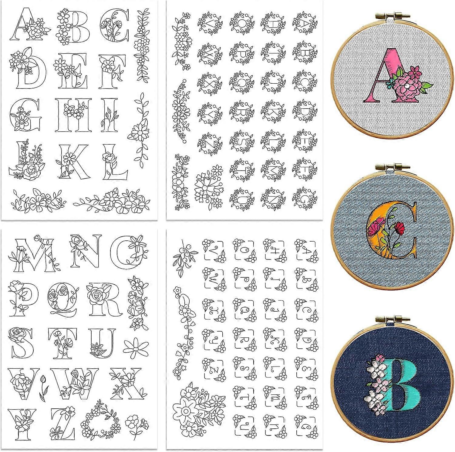 Peacoblue Water Soluble Embroidery Patterns for Beginners 4 Sheets with 94pcs Alphabet Floral Wreath Patterns Wash Away Embroidery Pattern Stabilizer