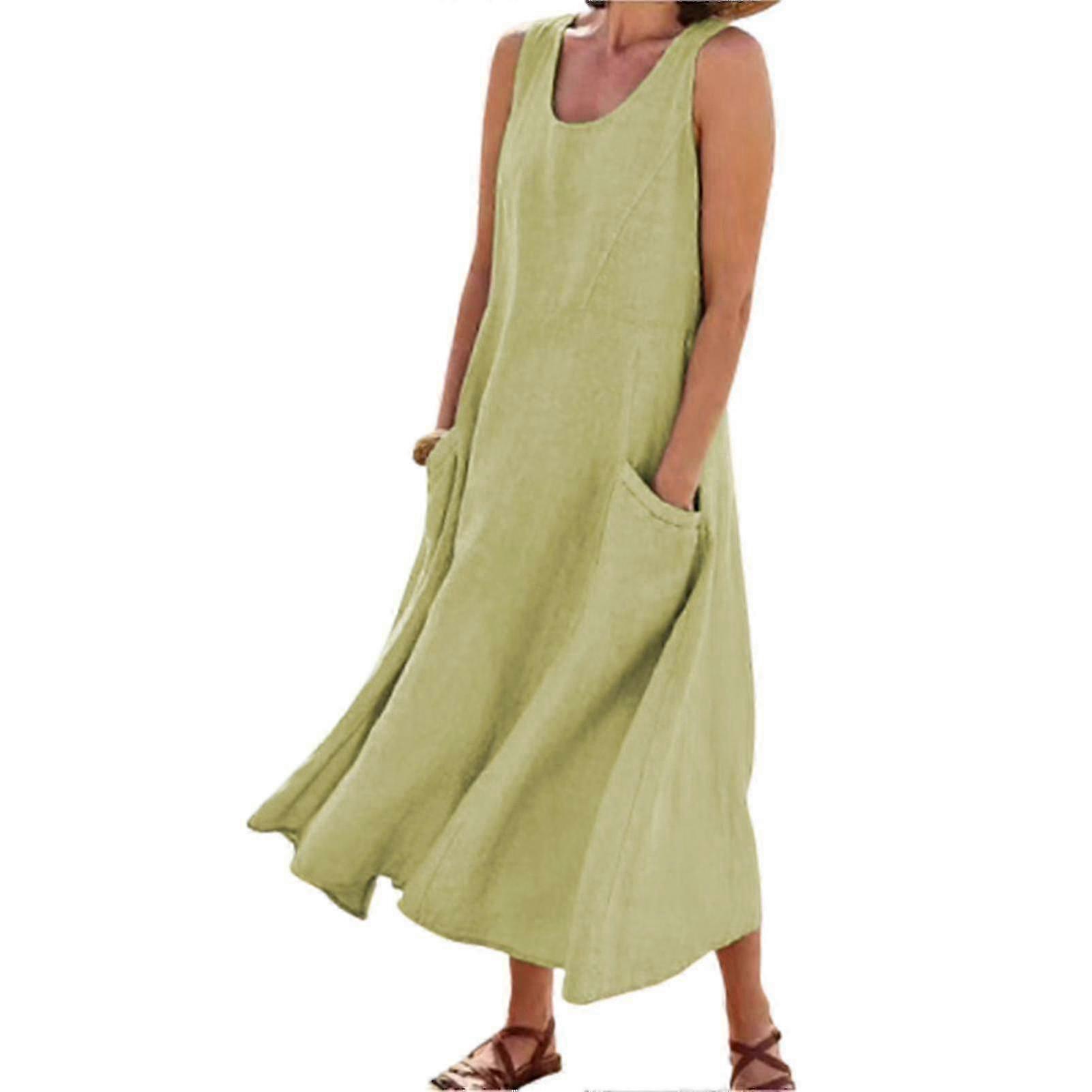 Robe en lin de coton sans manches pour femmes avec poches Robe de réservoir de plage de style boho