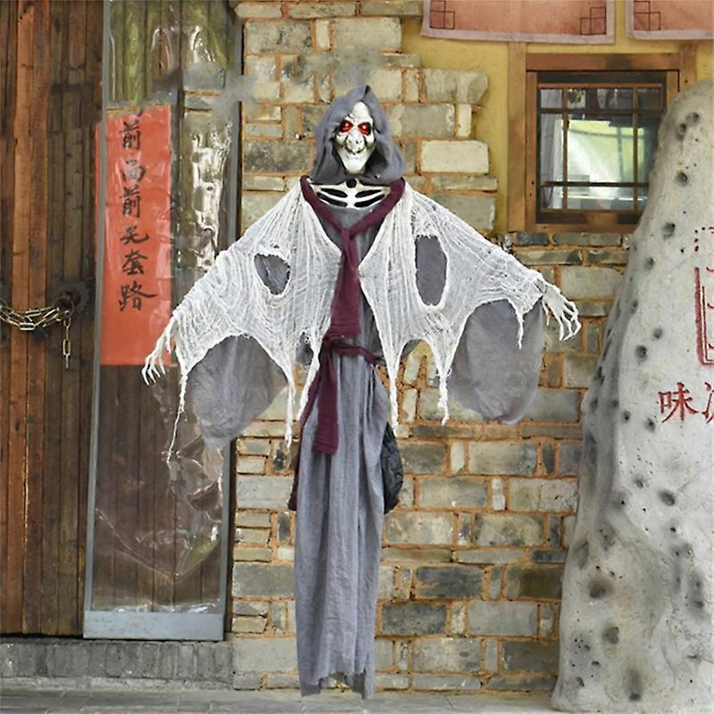 Life-Size Scary Speaking Witch Holding Skull with Voice Control Activated Lights and Sound, Button Battery-Operated Indoor or Covered Outdoor Hallowe