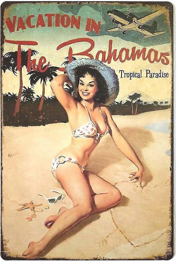 Dovolená na Bahamách Beach Pin Up Dívka Retro Vintage Dekor Kovový Cínový Nápis 8x12 Inch NEBO 12x16 Inch