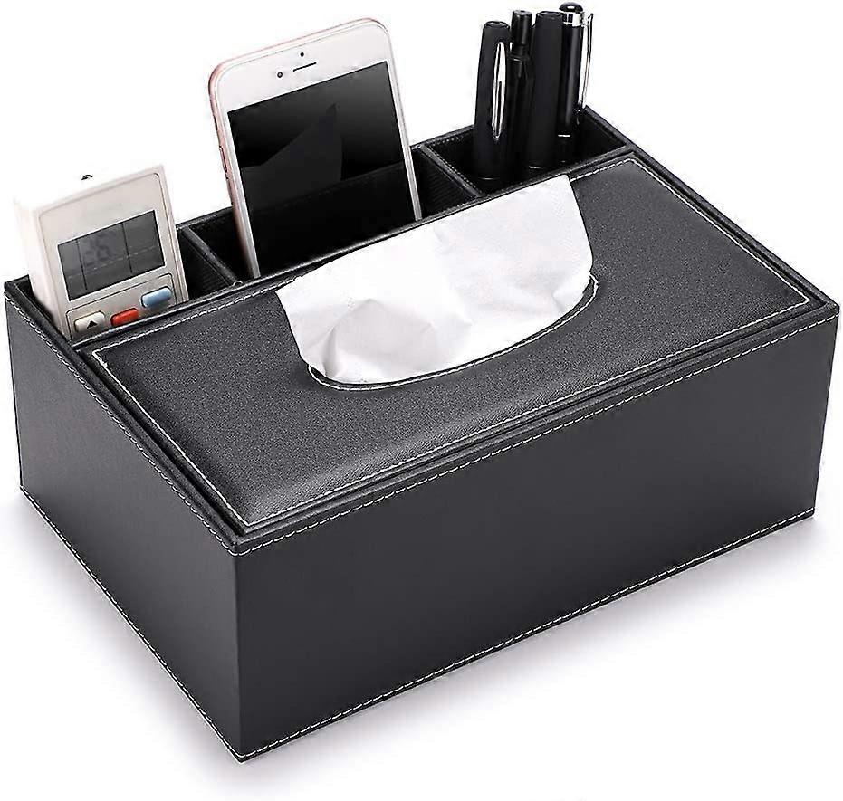 Rectangular PU Leather Tissue Box Cover - Multifunctional Tissue Box Holder with Stationery Remote Control Box, Decorative Remote Tissue Pen Organizer