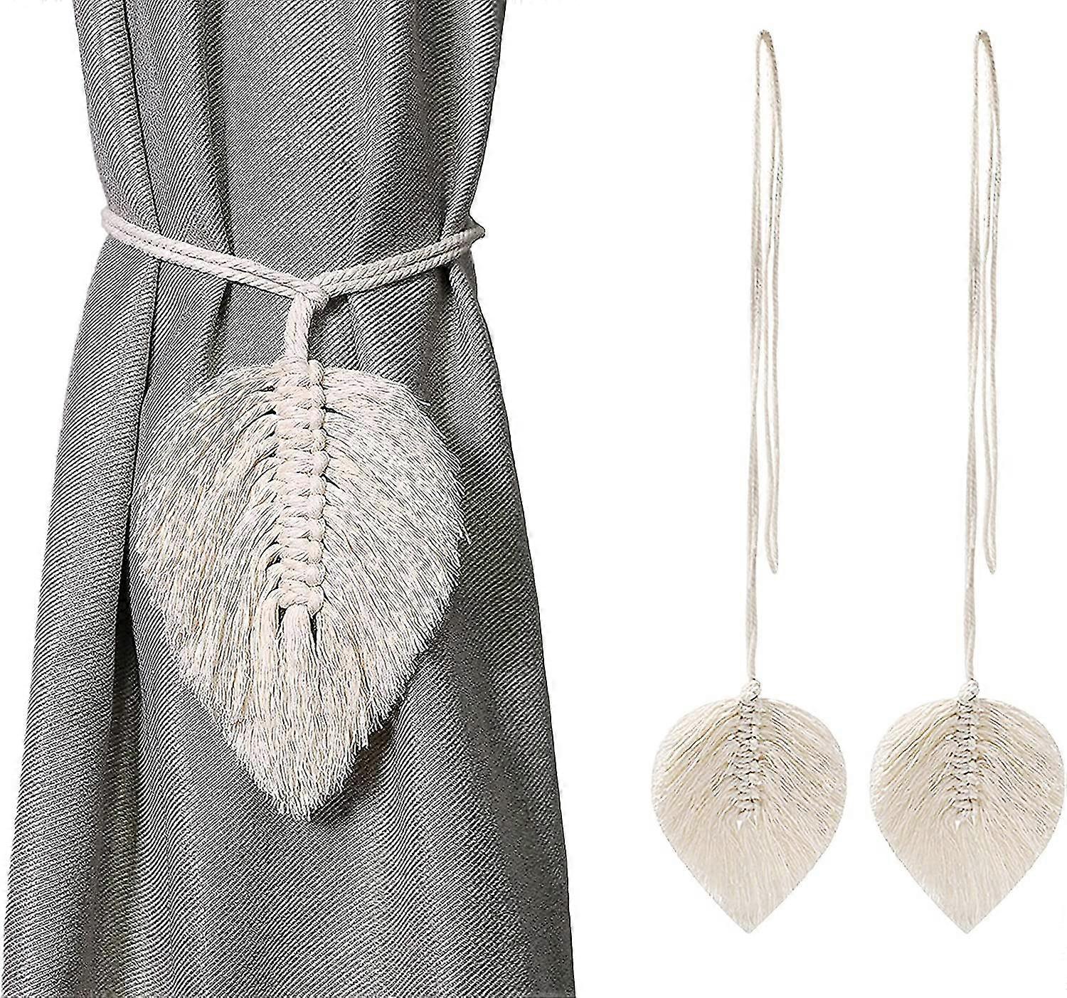 2pcs Curtain Tiebacks, Leaf Design, Hand-Woven Bohemian Tassel Hooks, Beige