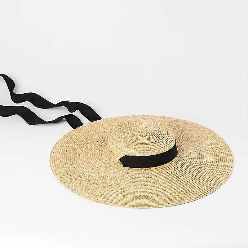 Summer Big Natural Wheat Straw Hats For Women Handmad Wide Brim Beach Visor Caps Elegant Flat Top Long Ribbon Lace-Up Sun Hat