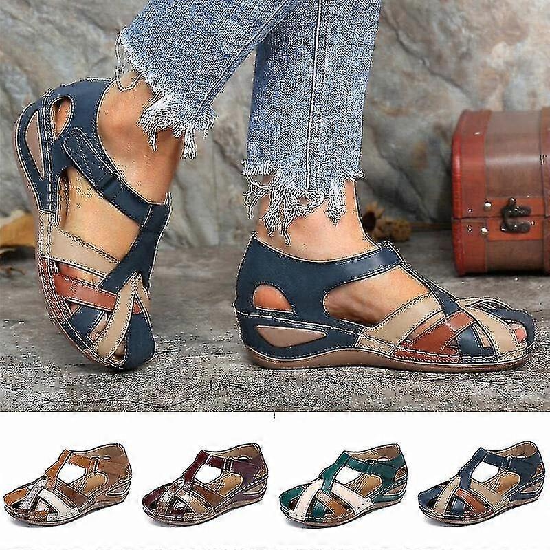 Lollita Orthopedic Plus Sandals Pu Leather Retro Arch Support Comfy Round Toe Sandals For Women Toe
