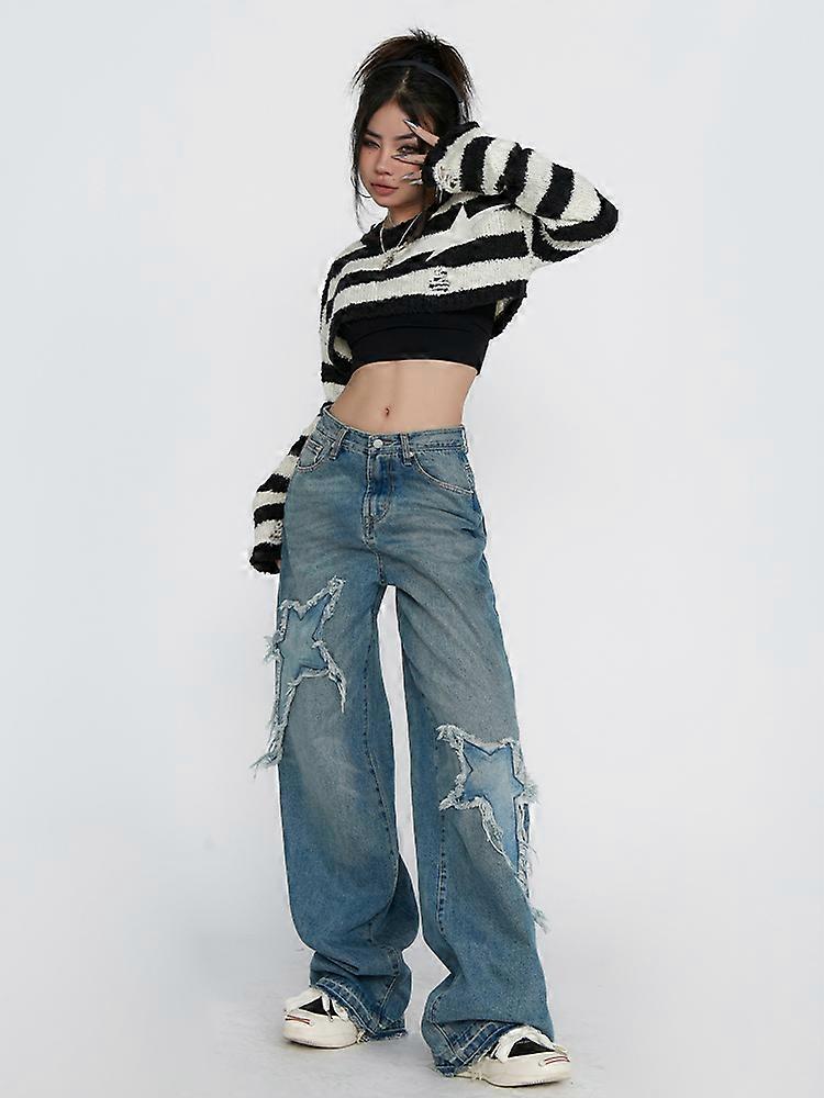 QWEEK Y2K Vintage Blue Jeans Women Street Grunge Star Patchwork
