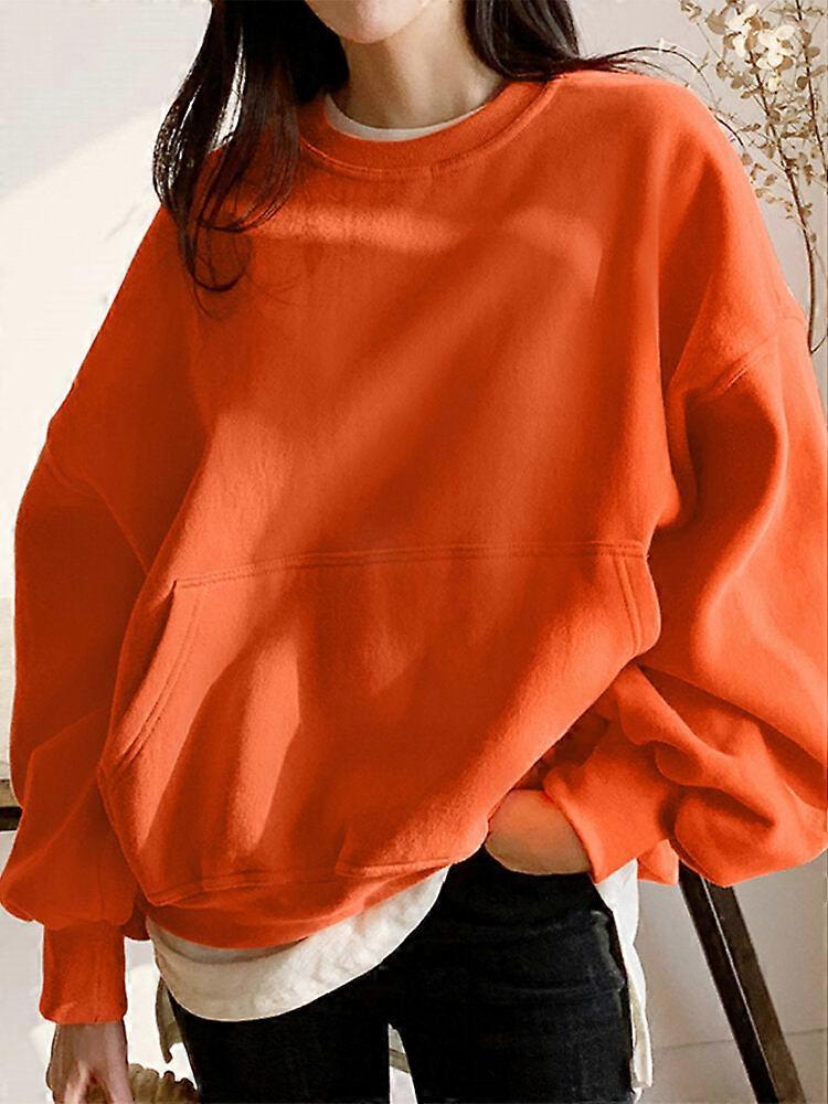 Women Solid Color Raglan Round Neck Kangaroo Pocket Long Sleeve Pullover Sweatshirt