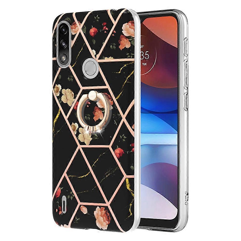 For Motorola Moto E7 Power / E7i Power Splicing Marble Flower Pattern TPU Ring Holder Case