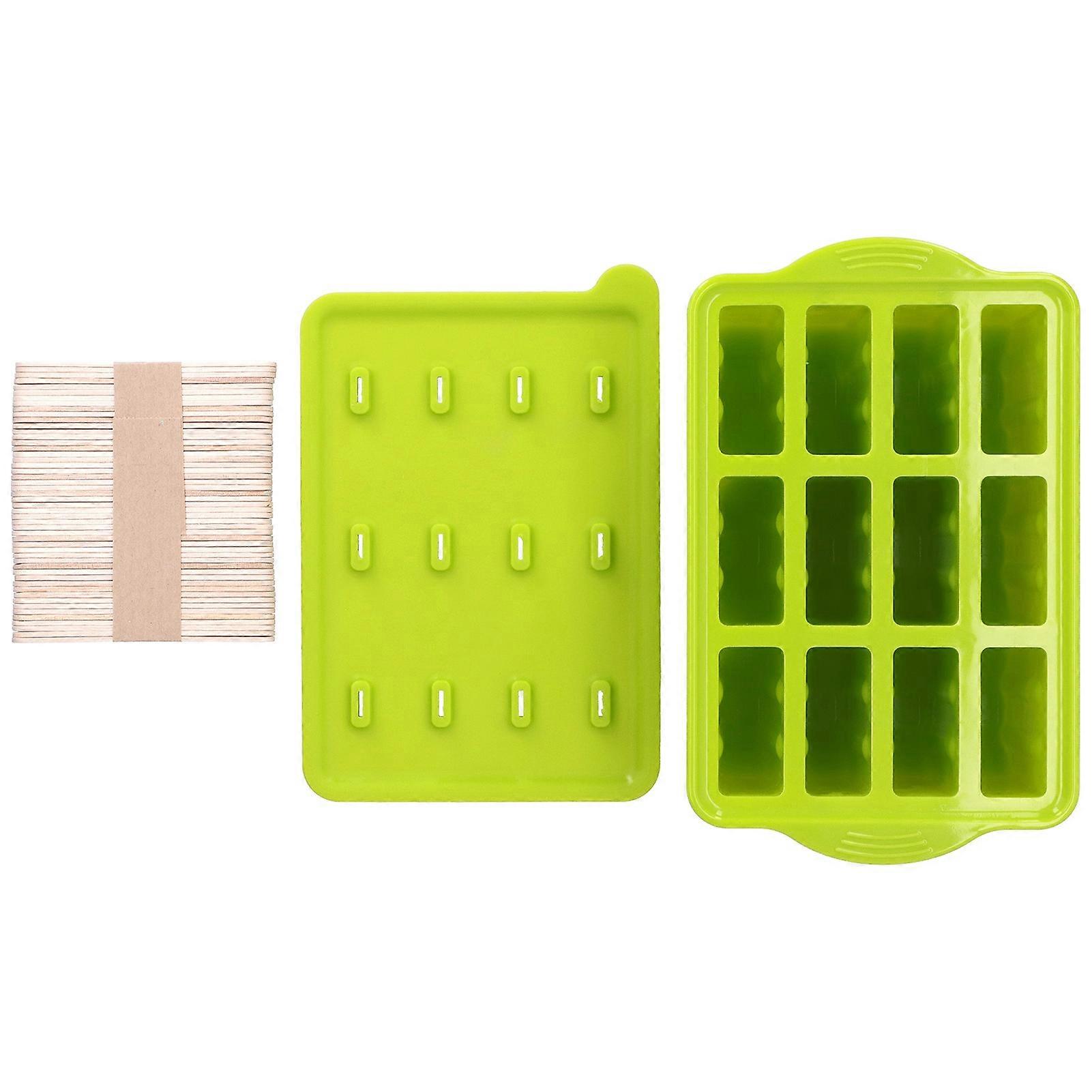 12 Grids Silicone Ice Cream Molds Tray Ice Cream Makers Mould with Lid and 50 Sticks
