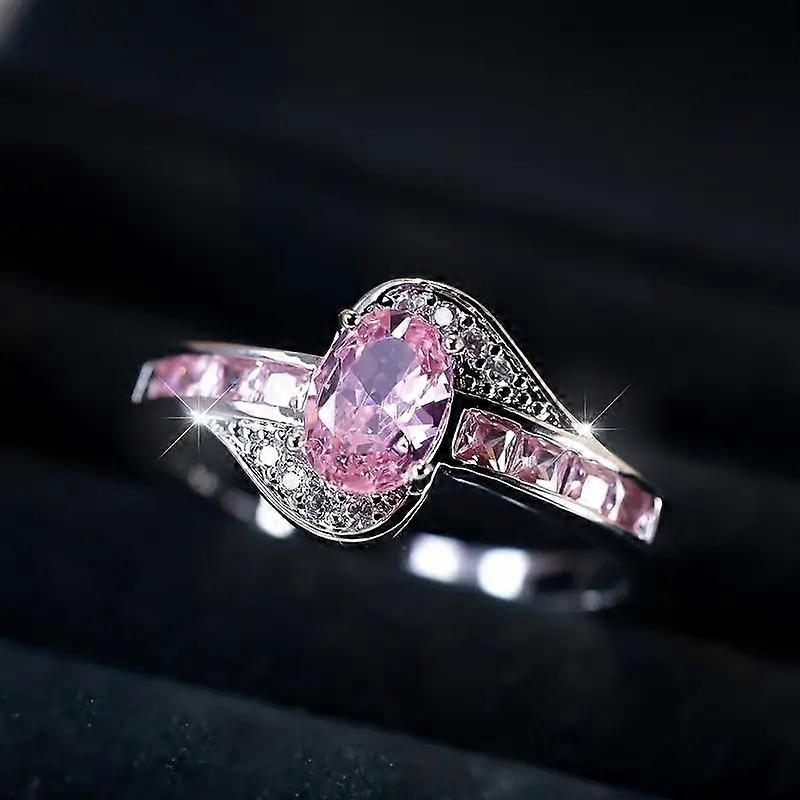 Anello da donna vintage con pietra rosa ovale taglio zircone cubico, anello di fidanzamento color argento, fedi nuziali per sposa
