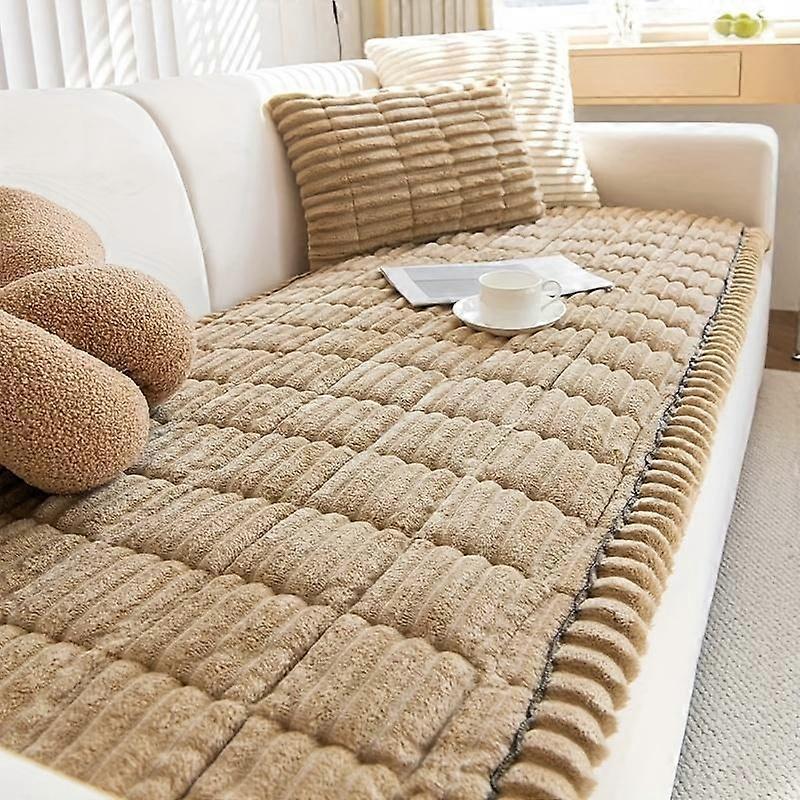 A Bohemian Style Quilted Sofa Cover with Ruffled Edges, Featuring One-piece Short Pile Fleece Fabric, Machine Washable, Pet Friendly, Non-slip Sheaths