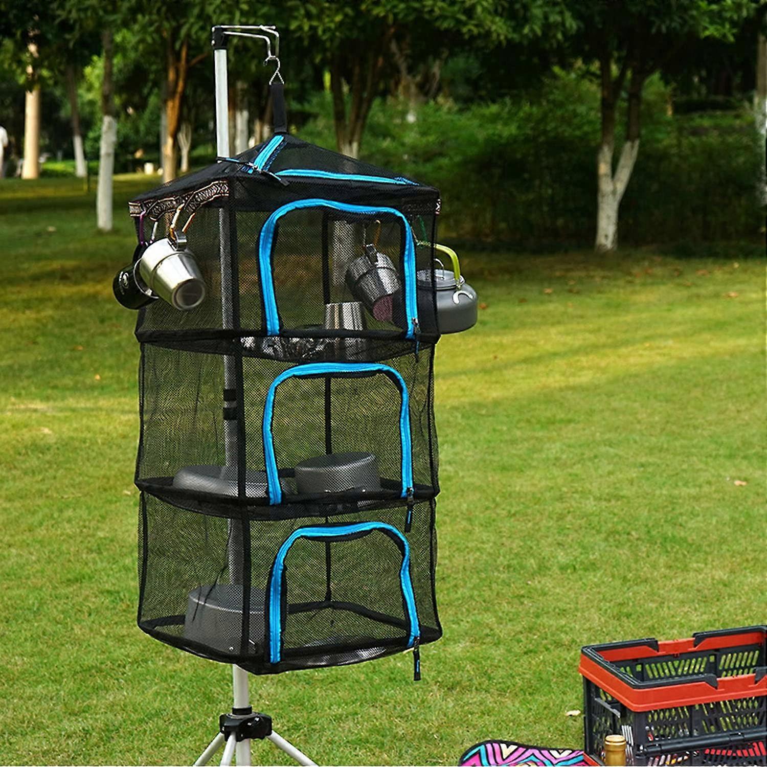 Upgraded Folding Camping Drying Net with Zipper Opened and Side Lanyard for Picnic BBQ Mesh Dryer Storage