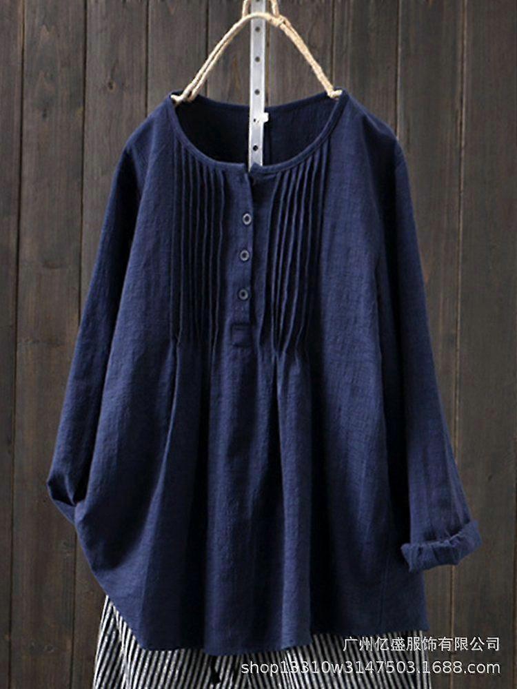 Primavera E Autunno Giapponese E Coreano Sciolto A Maniche Lunghe Pieghettato Girocollo Art Retro Plus Size Camicia Di Cotone E Lino Per Le Donne