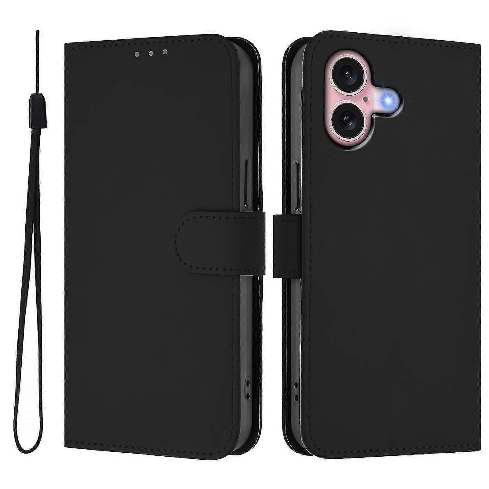 For iPhone 16 Case Solid Color Wallet Leather Phone Cover with Strap
