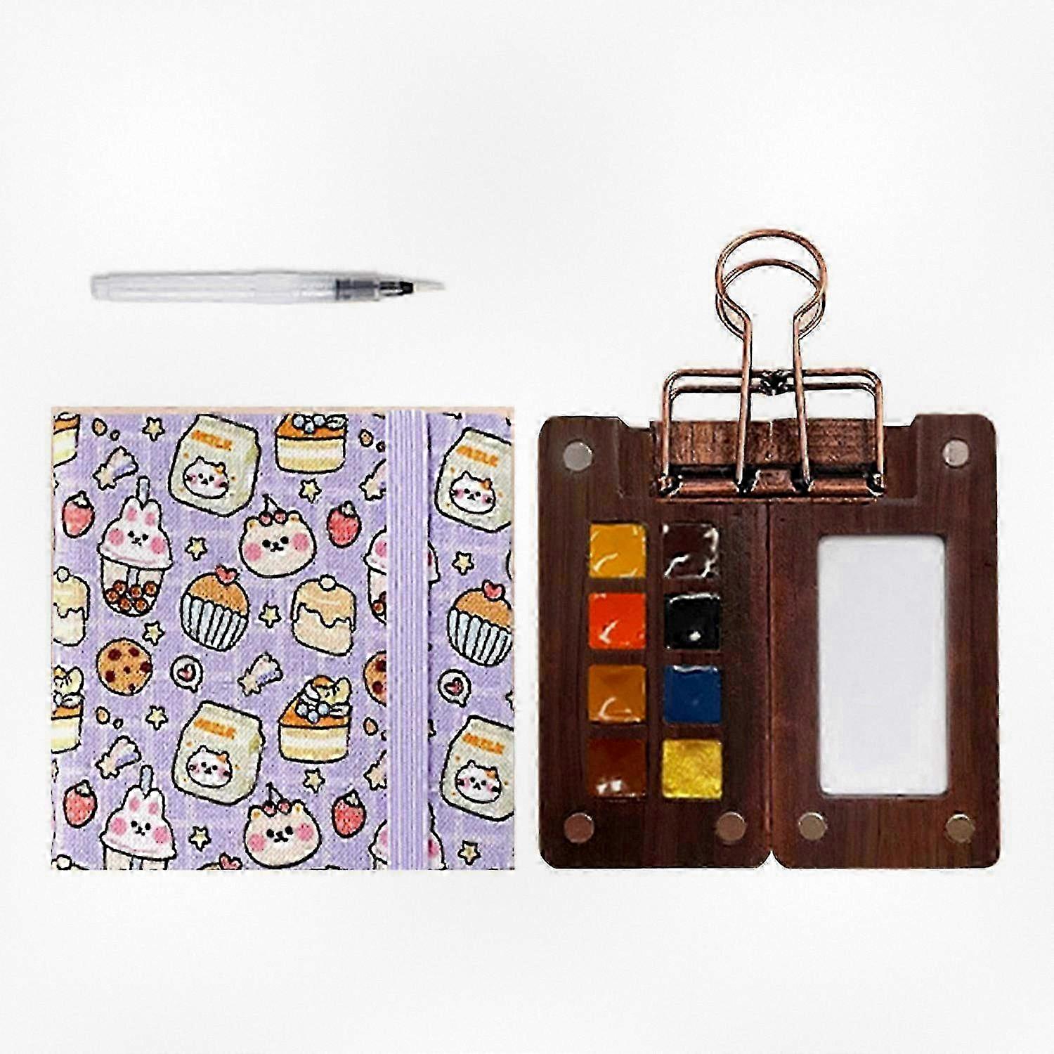 Portable Mini Wooden Watercolor Paint Palette Set with Clip and Paper Watercolor Paint Brush for Art Enthusiasts