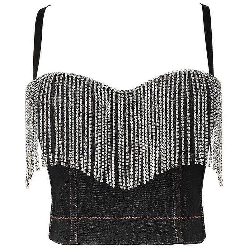 Speedway Denim Bustier Tassel Drill Halter Tank Top Outside with Bra Pads Tide Women's Bungee Corset Bustier