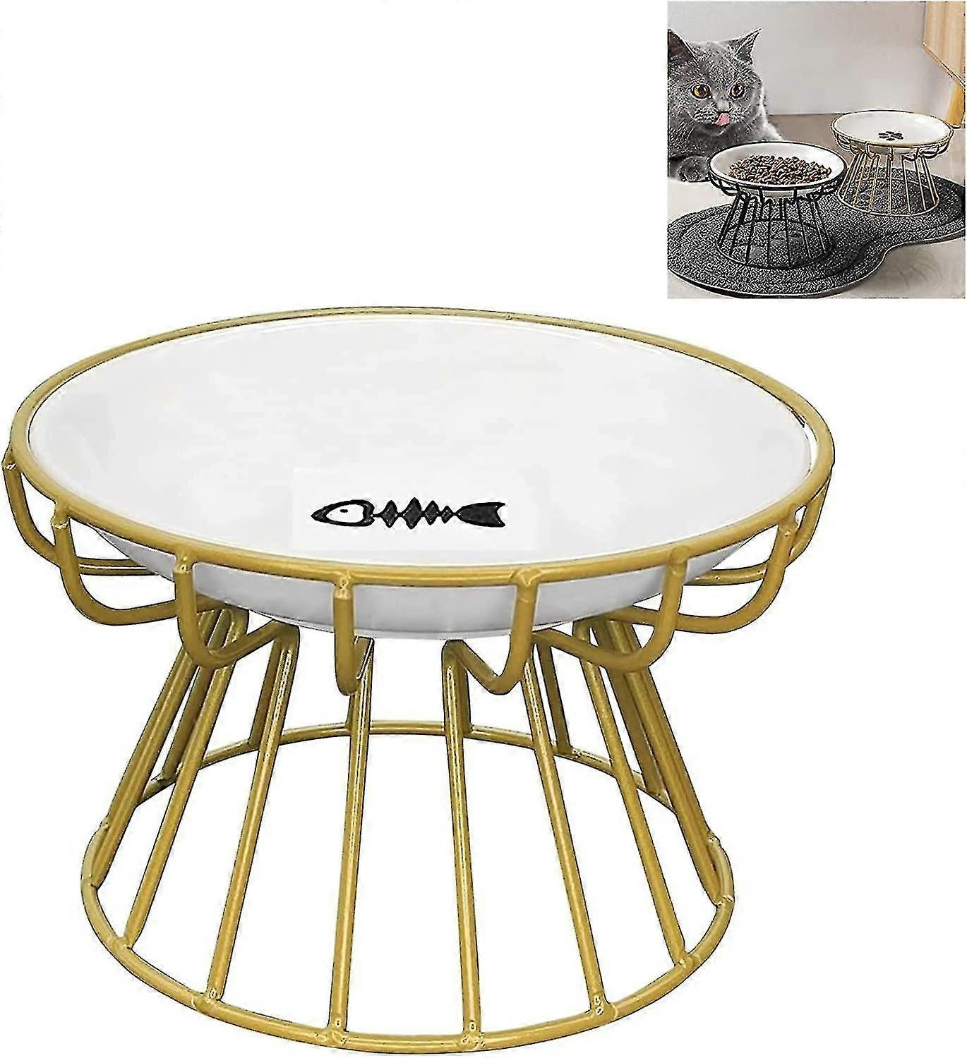 Kusma Önleyici Kedi Mama Kabı, Metal Standlı Yükseltilmiş Seramik Kedi Mama Kabı, Bıyık Dostu Sığ Evcil Hayvan Mama Kabı, Kediler İçin Mama ve Su Kabı, Altın Balık Tabağı