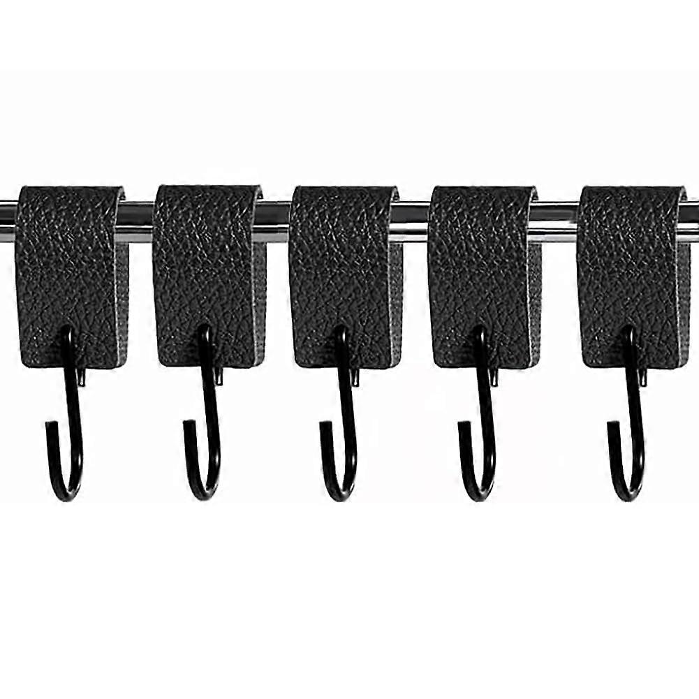 S Hooks Pack of 5 Black Metal with Leather Loop, Multi-Purpose Hanging Hooks for Coats, Clothes, Kitchen, Wardrobe
