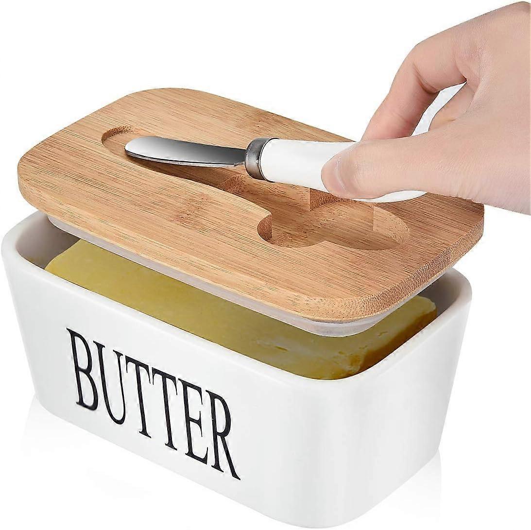 AURA Butter Dish with Lid, Ceramic Butter Dish with Knife 641ml Large Capacity with Double Silicone Seals for Better Freshness,White