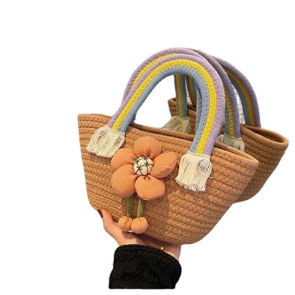 Trend of the cotton rope handbag, net, red hundreds with foreign style, handbag, small fresh flowers, straw bag, rainbow handle brown