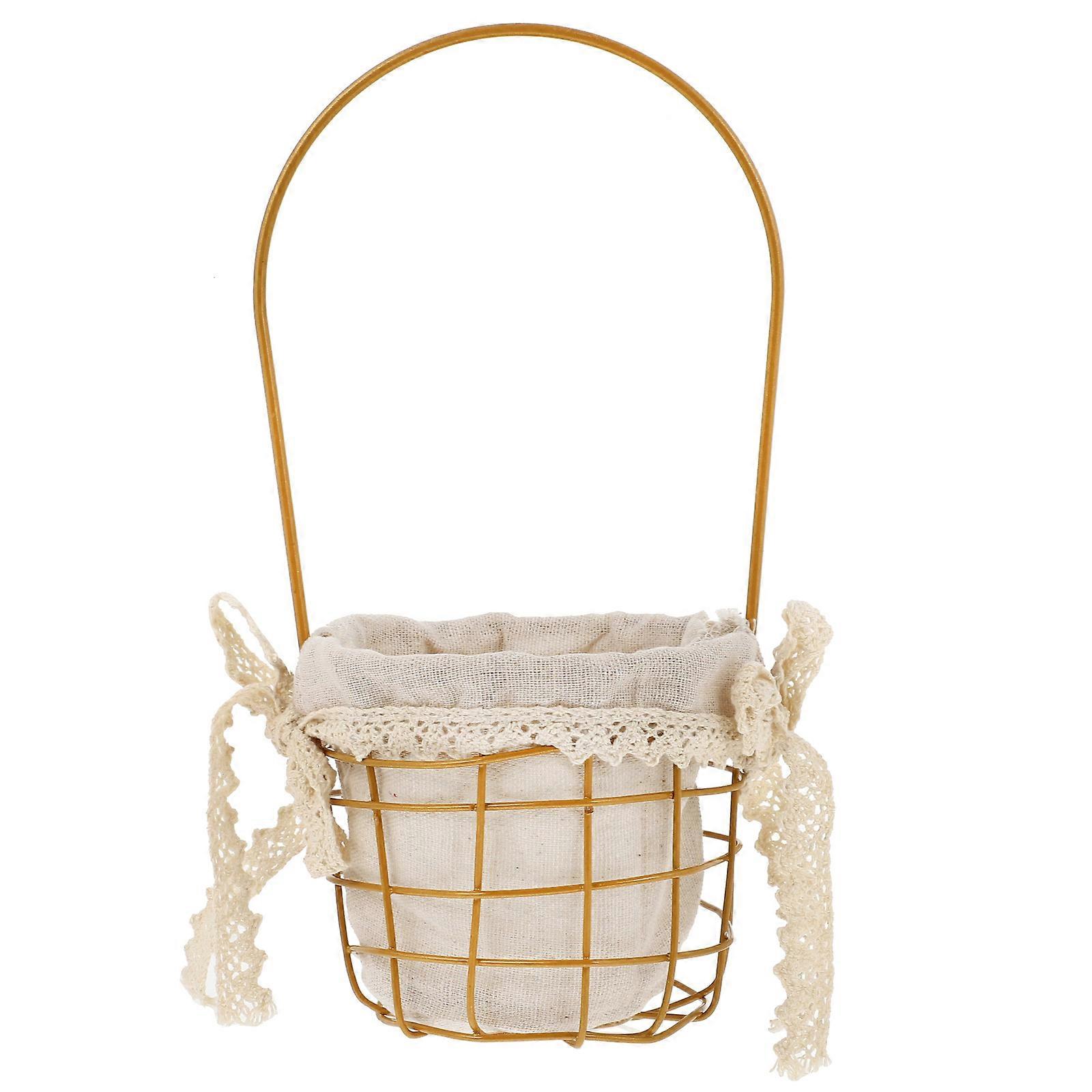 Golden Handheld Flower Basket for Storage Use Elegant Iron and Cotton Material 7.5 Inches