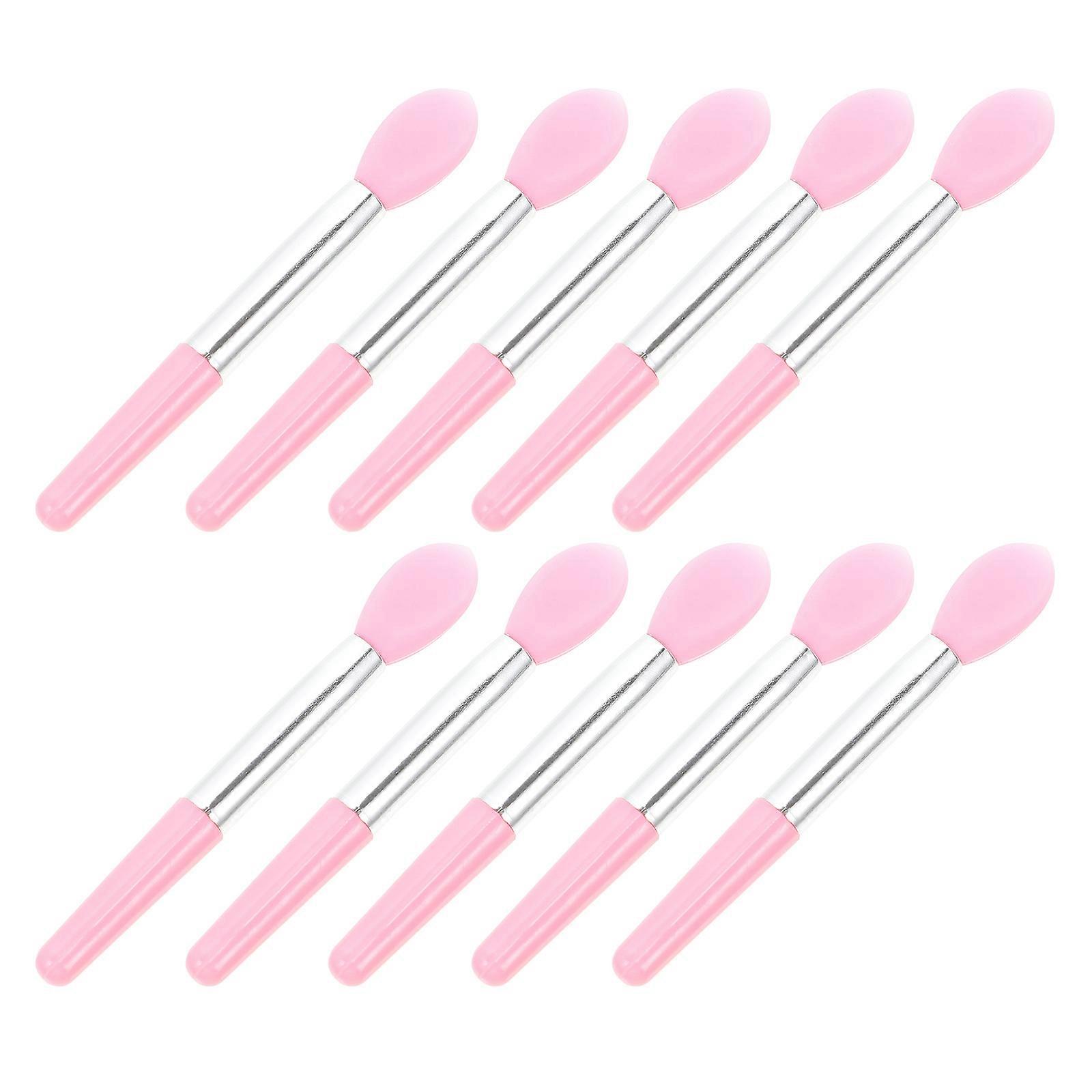 10pcs Silicone Lip Brush Pink Handle Silver Tube Soft Eyeshadow Lipstick Applicator Precise Makeup Reusable Skin Friendly Cosmetic Tools Home Use