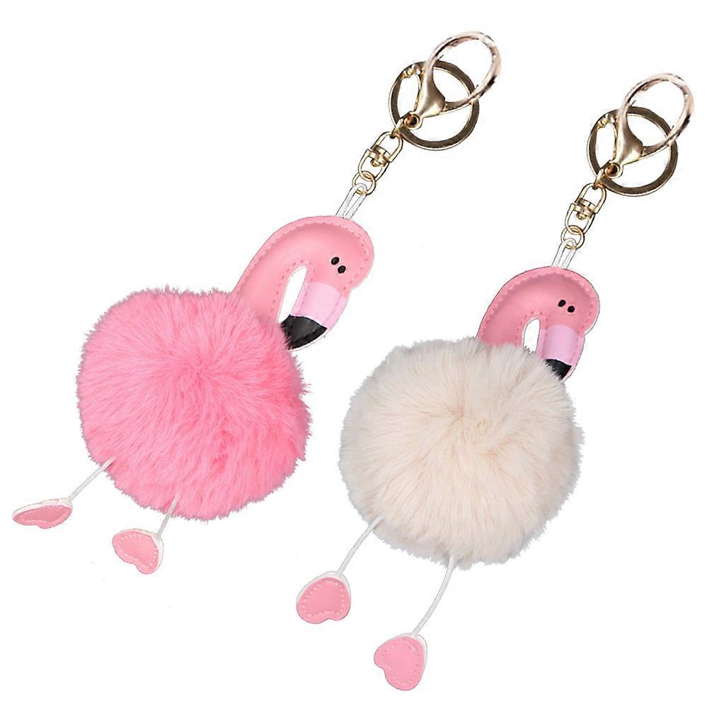 2Pcs Fluffy Key Ring Plush Animal Flamingo Keychain Ring Hanging Decoration (White and Pink)