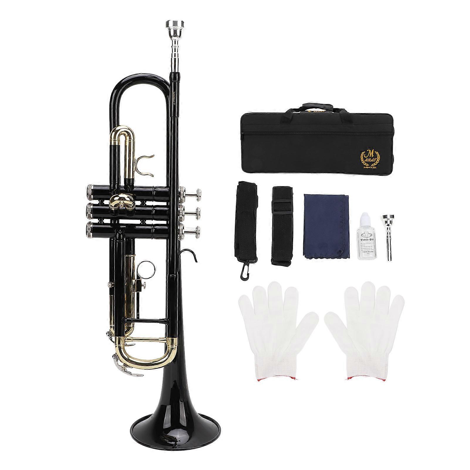 Bb Standard Trumpet Kit Double Bar Support Trumpet for Beginner Students Brass Wind Instrument and Cleaning Set Black Golden