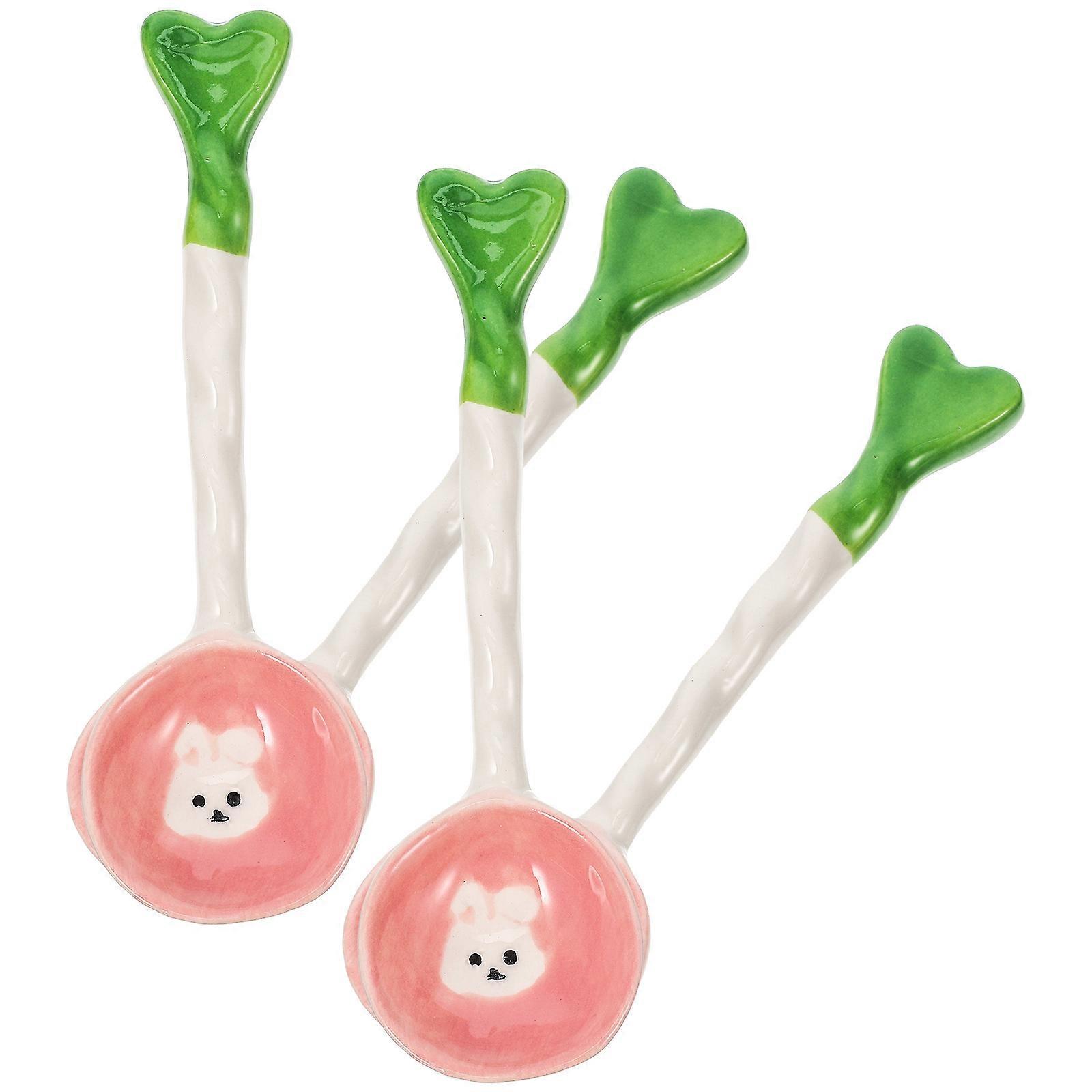 Ceramic Soup Spoon 4Pcs Curved Handle Rabbit Pattern Kitchen Utensil Daily Use Multi Color Serving Soup