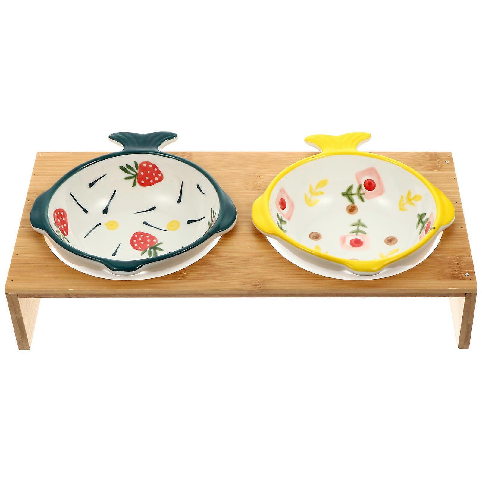 Elevated Cat Feeder With Double Ceramic Bowls And Bamboo Stand Ideal For Daily Use By Pet Owners Size 30.80X14.50X5.80CM 1 Set