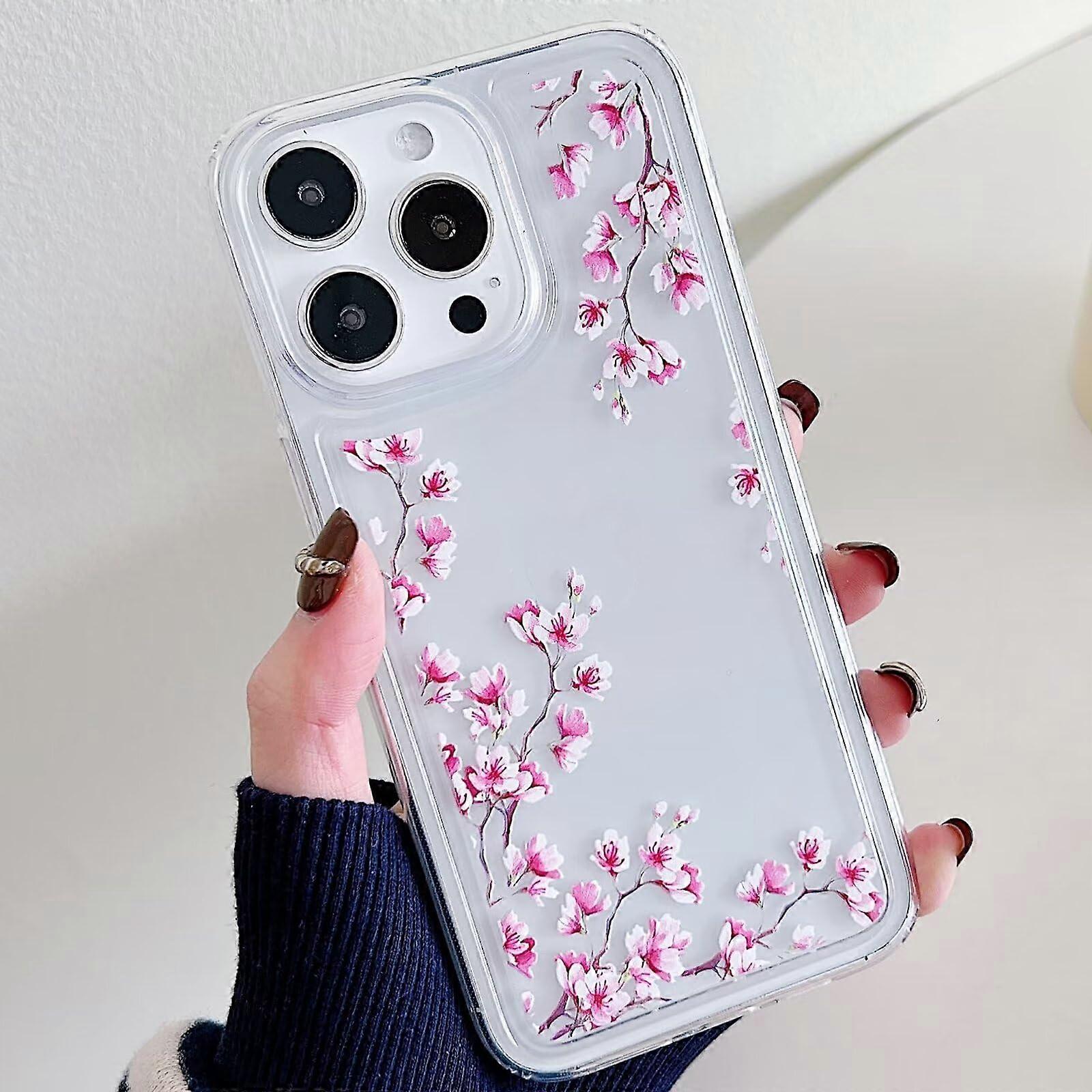 Miagon Flower Series Mobile Phone Case For iPhone 14 Plus Transparent Flexible TPU Case Pink Flower Motif Protective