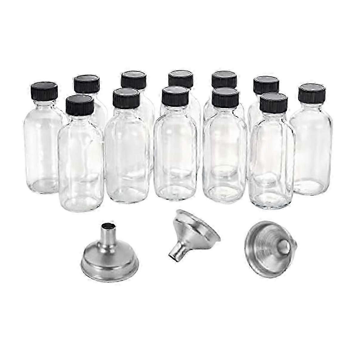 12pc 2 Oz Small Clear Glass Bottles With Lids 3 Funnels - 60ml Bottles For Juice Ginger , Whiskey
