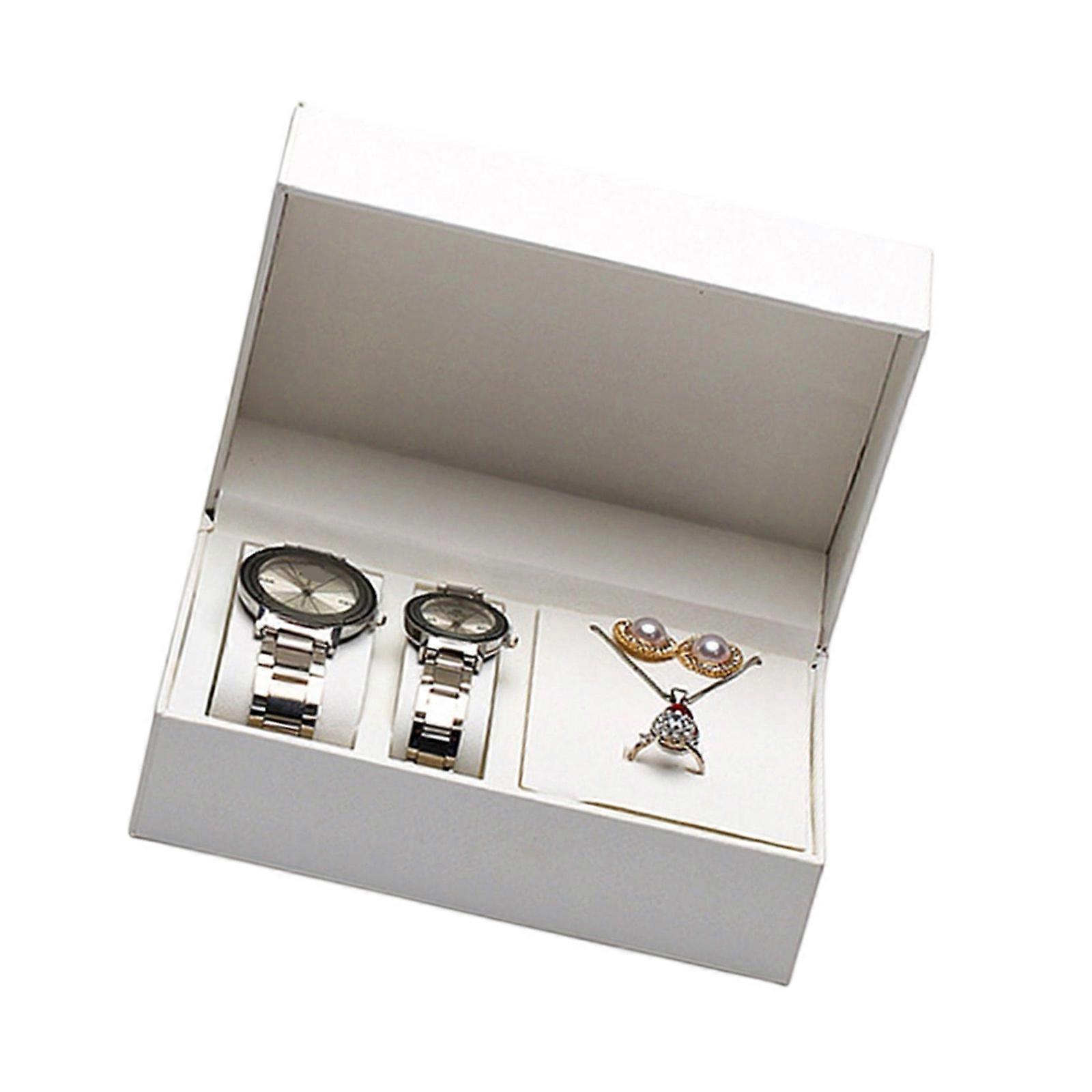 Minimalist White Watch Storage Box Soft PU Lining Multi Layer Compartments Flip Top Jewelry Case Organizers  White