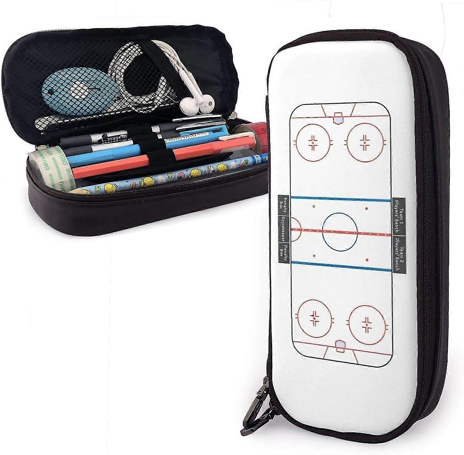 冰球铅笔盒大容量笔储物袋袋支架带拉链皮革文具收纳盒学校办公用品少女广告