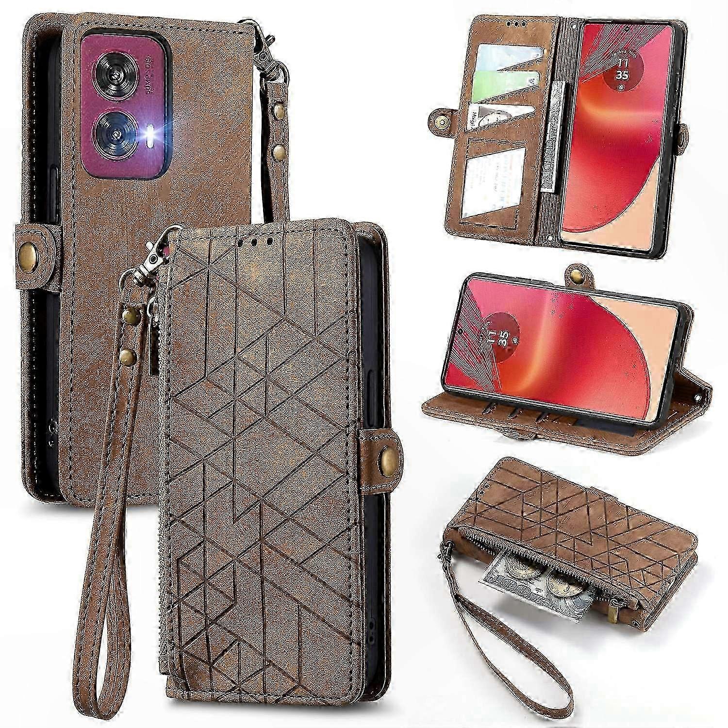 PU Leather Zipper Wallet Case with Geometric Pattern for 5G Smartphone