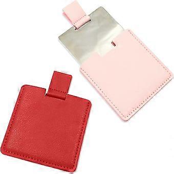 Roestvrij staal onbreekbare compacte spiegel met PU lederen hoes (rood + lichtroze) 2 stuks