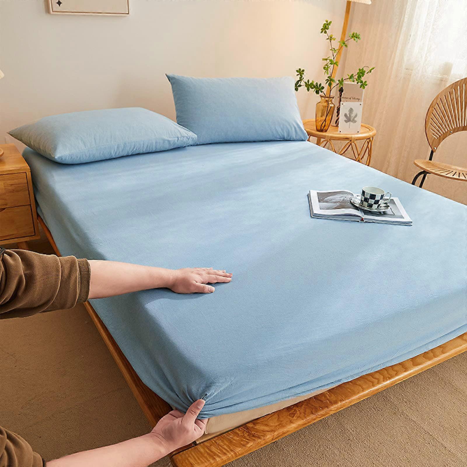 Deep Pocket Fitted Bed Sheet Washed Cotton Light Blue 180x200cm+40cm Mattress Protector