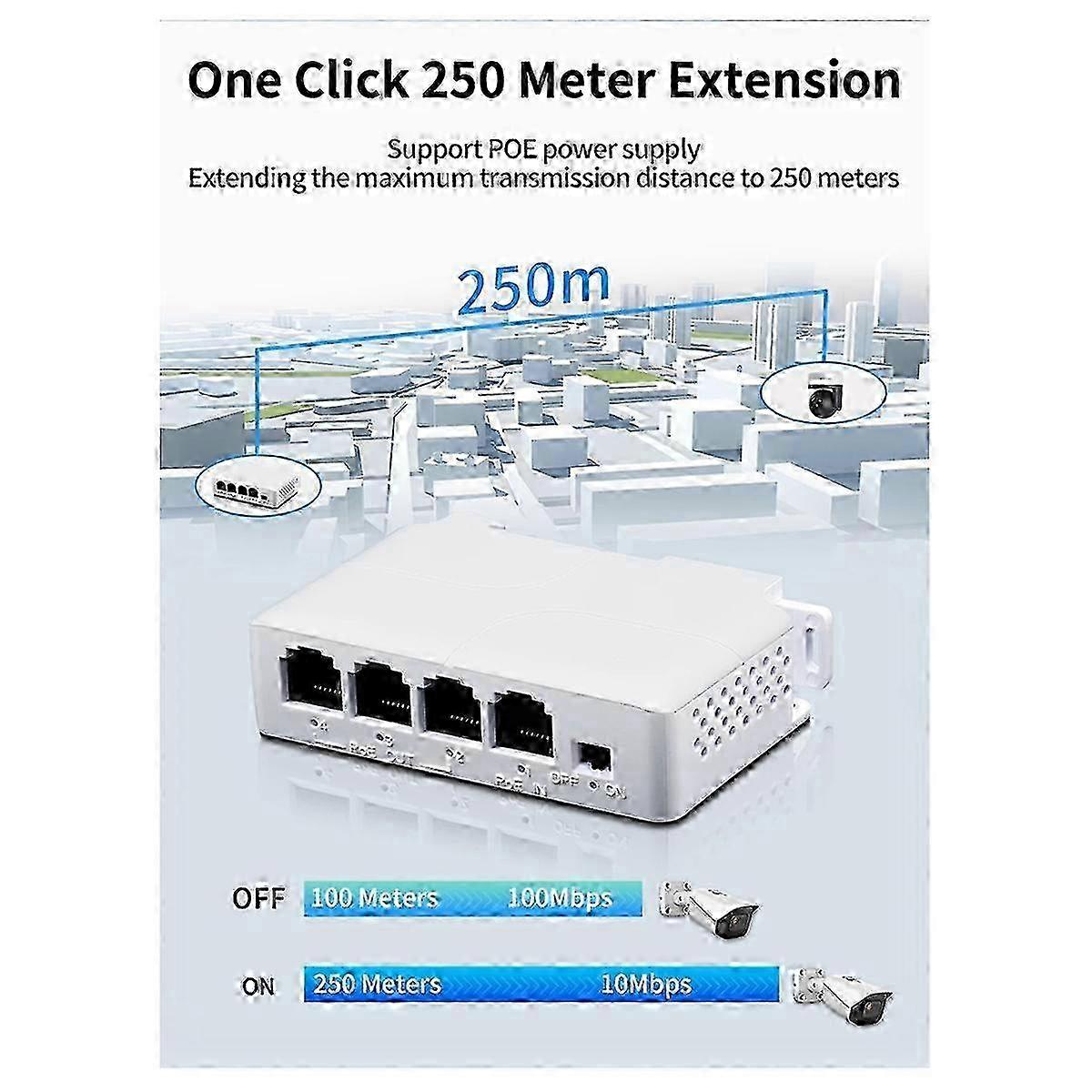 4-Port PoE Extender Cascadable IEEE802.3Af 100Mbps for IP Camera Repeater