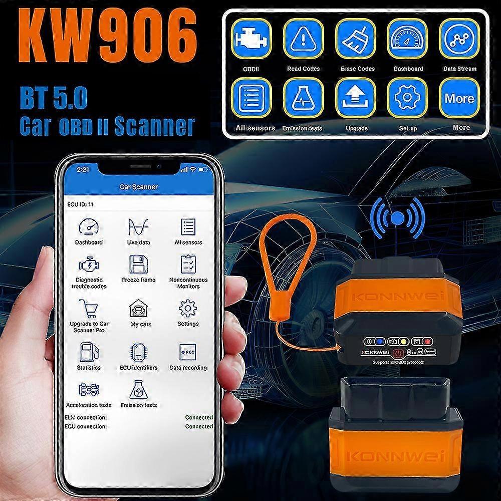 25-26 KONNWEI KW906 BT 5.0 Wireless OBDII Car Auto Diagnostic Scan Tools Car Detector Tester Scanner for IOS Android System, Black