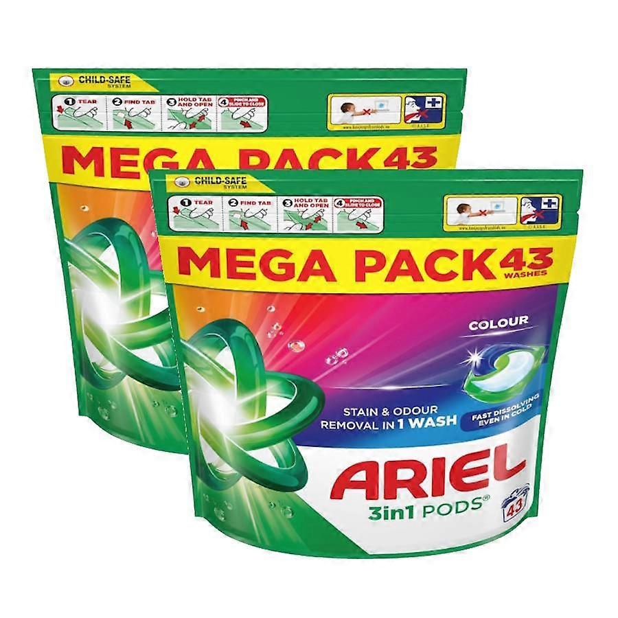 Ariel 3 in 1 Fast Dissolving Stain & Odour Removal Pods for Colours - 43 Washes x 2 PACKS