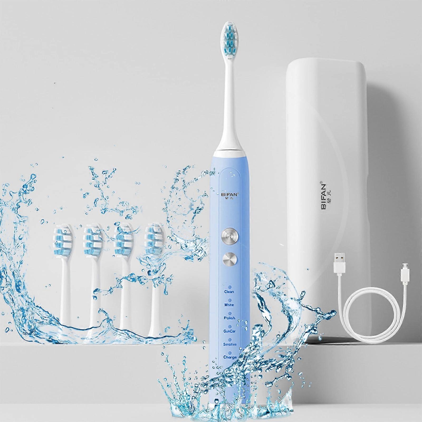 Sonic Electric Toothbrush for Adults, Rechargeable with Travel Case, 4 Heads & 5 Modes, Compatible with Fast Charging, 90-Day Use (Blue)
