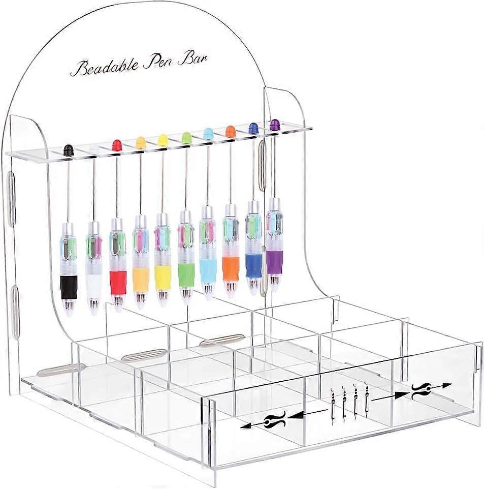 Beadable Pen Storage Organizer Acrylic Pen Display Stand with Sorting Tray 10 Slots with 9 Grid Organizer Box for DIY Home Office Desk School Supplies