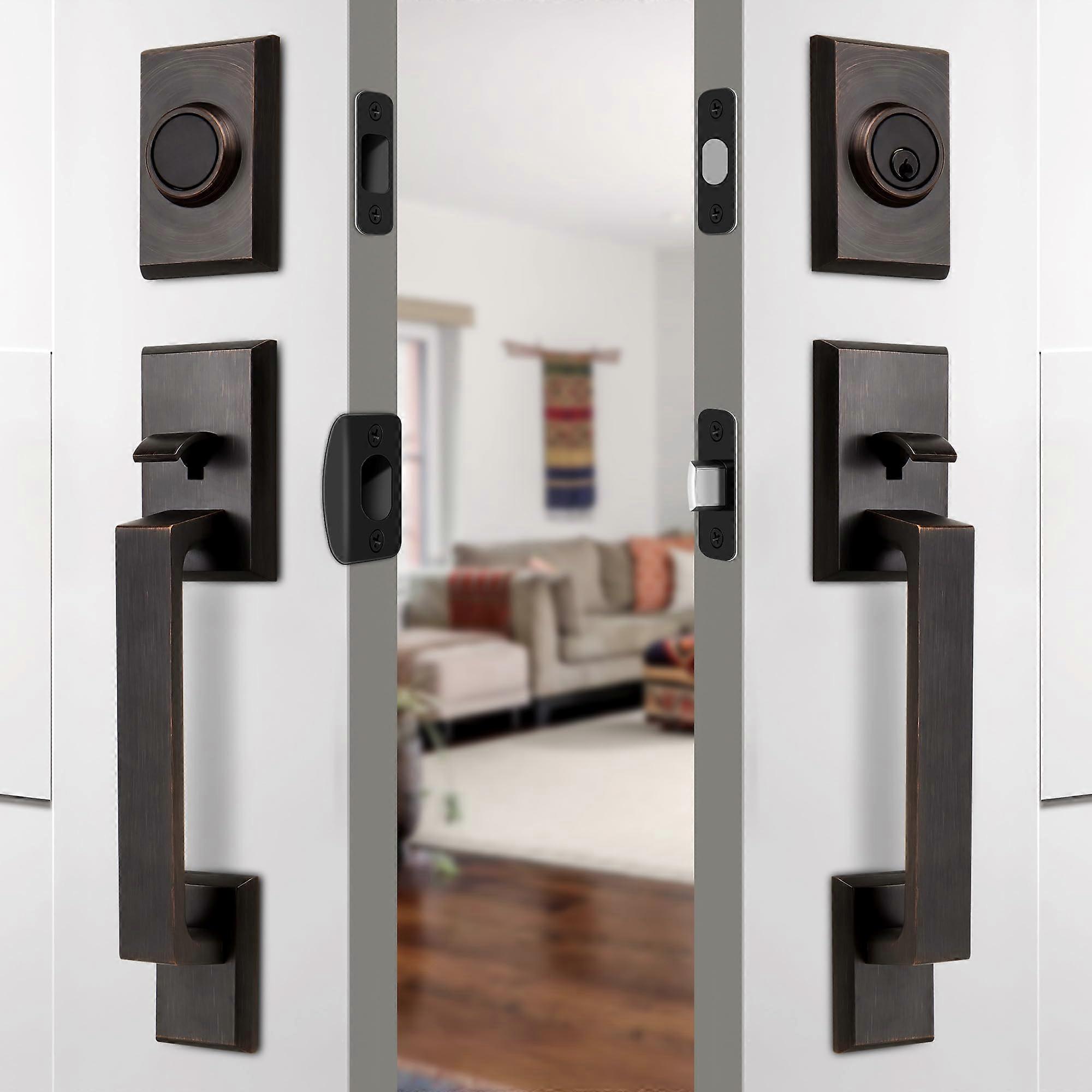 Double Front Door Lock Set Oil Rubbed Bronze Heavy Duty Hardware with Deadbolt and Dummy Handle