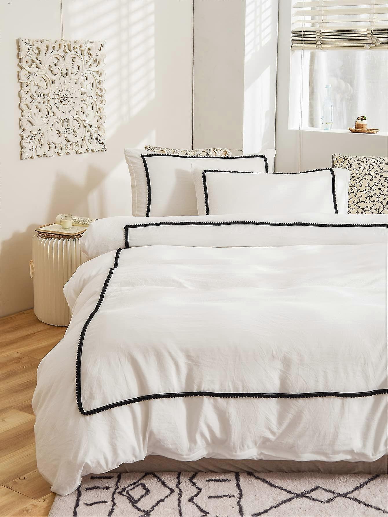 King Size Duvet Cover Set with Pom Pom Trim and Pillowcases, Modern Boho White Bedding