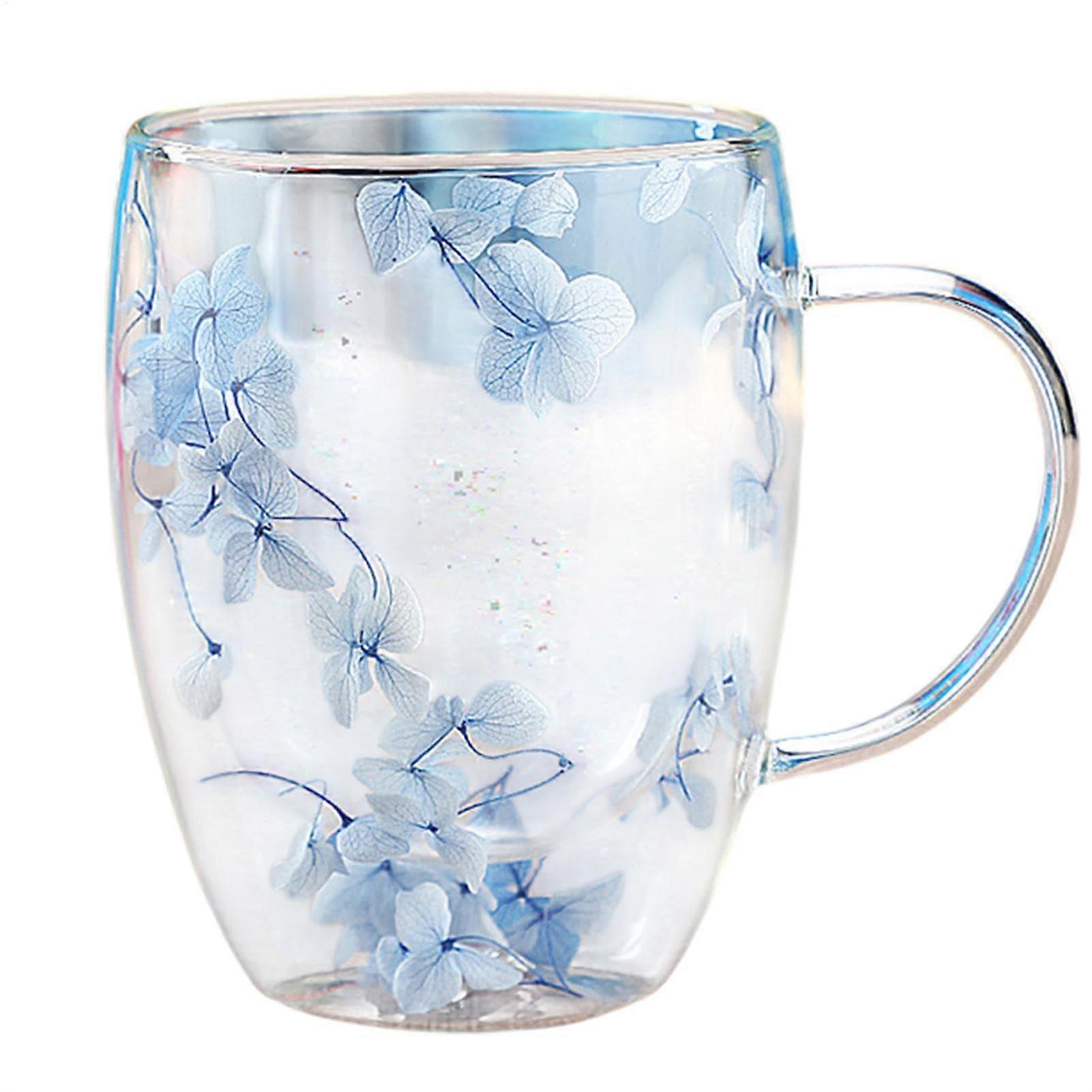 Double Wall Glass Coffee Mug with Handle, Clear Borosilicate Insulated Mug with Dried Flowers