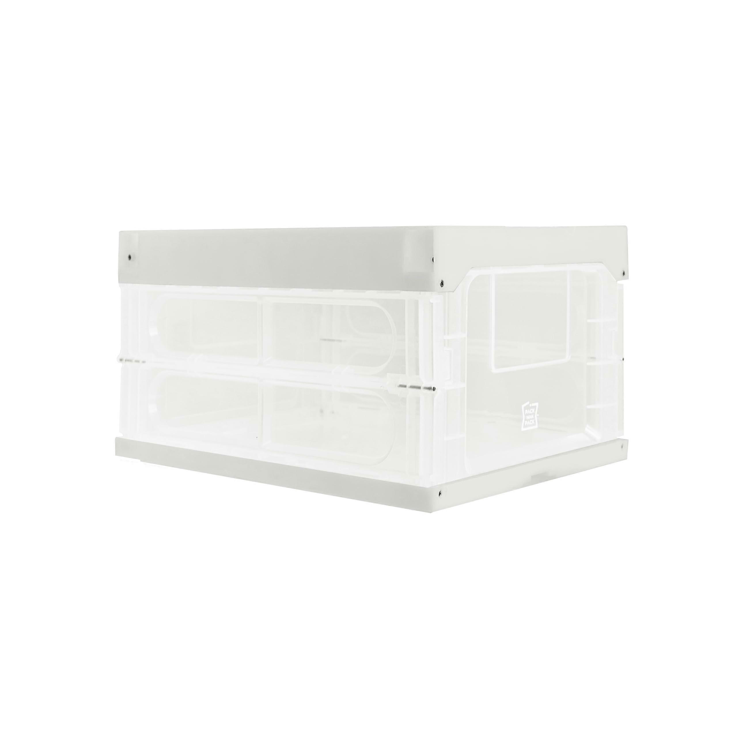 Collapsible Stackable Plastic Storage Box with Lid, Transparent Foldable Bin for Clothes and Toys, White