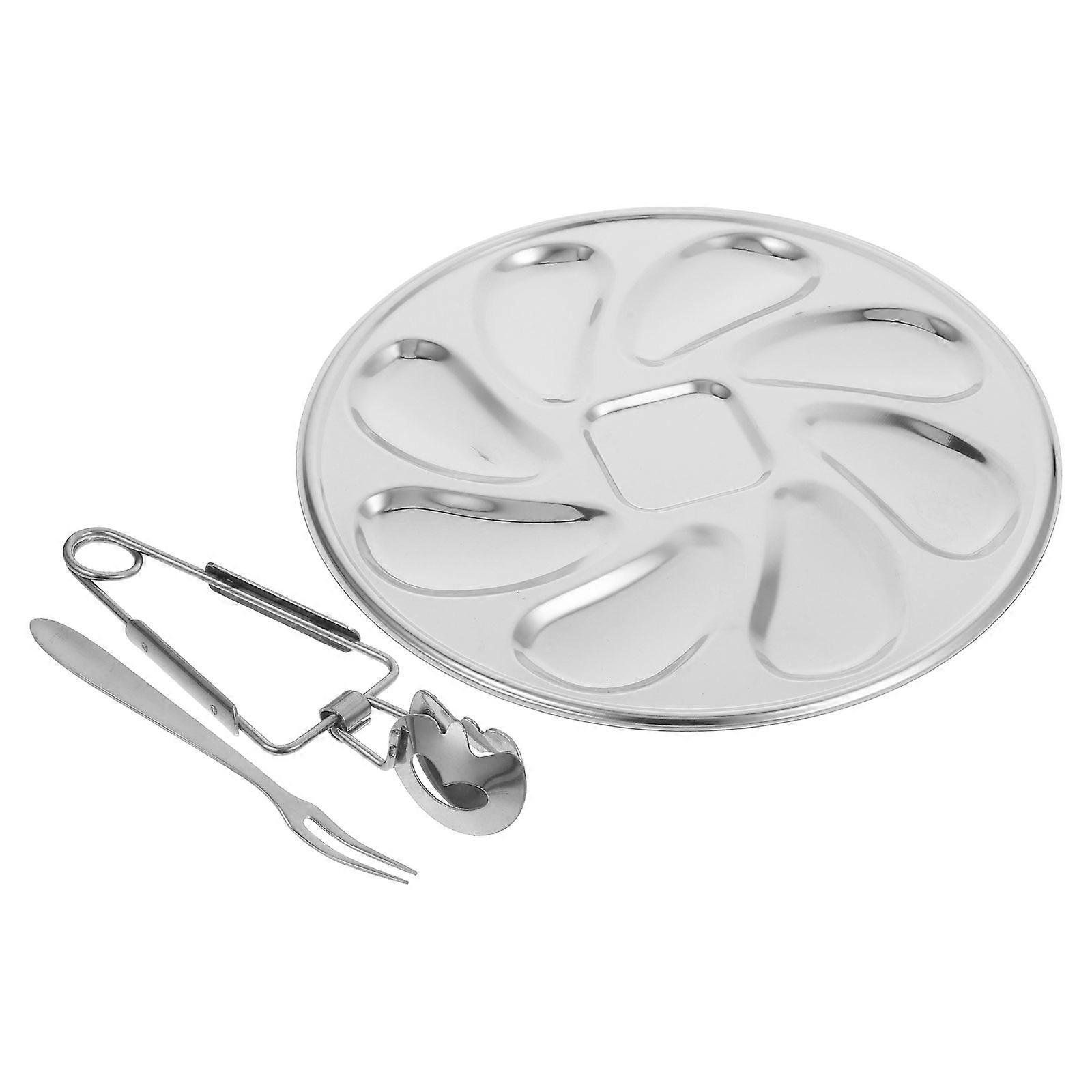 Stainless Steel Oyster Serving Tray with Clip and Fork for Baking Oysters and Scallops 1 Set
