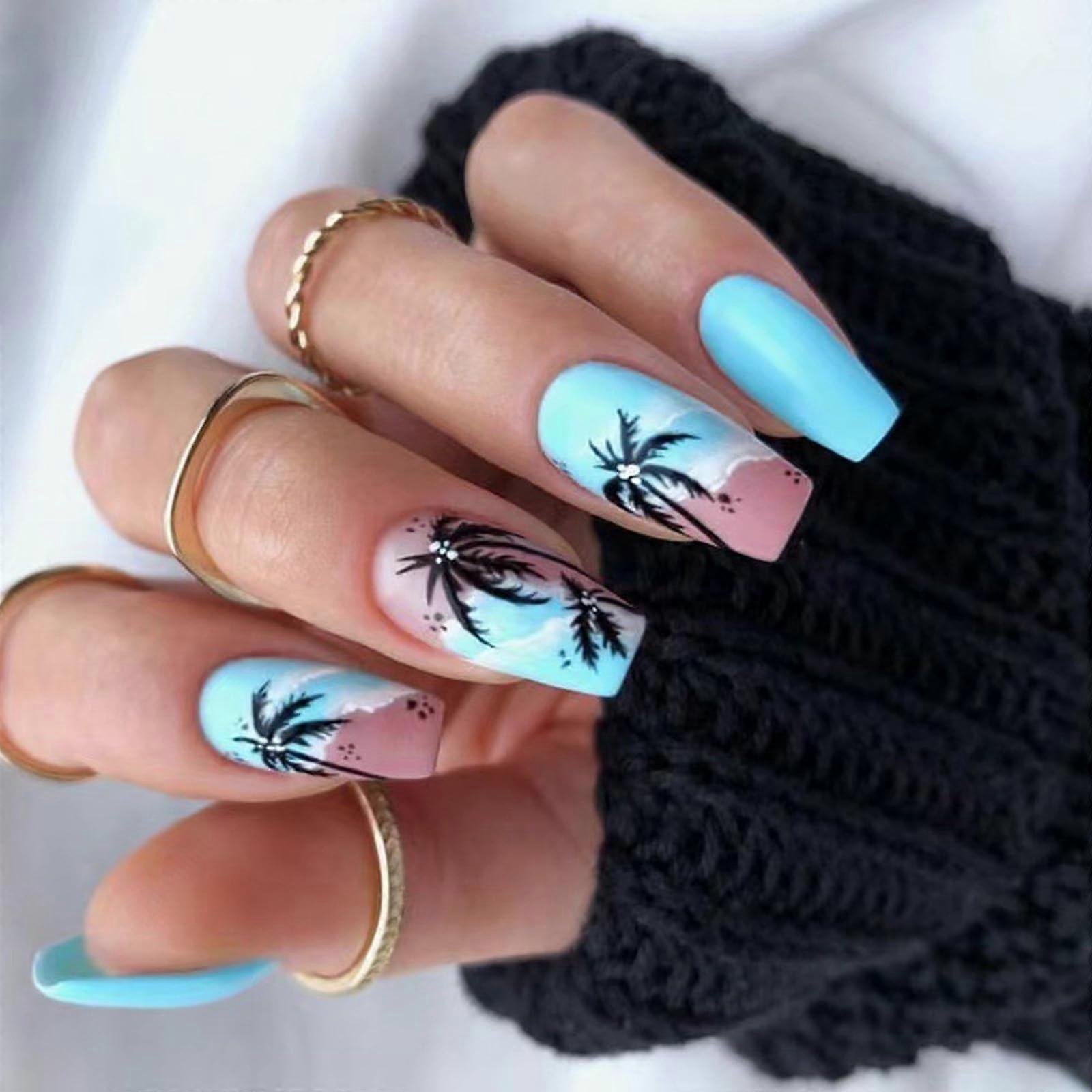 Glossy Gradient Coconut Tree Long Press On Nails Set of 24 Multiple Sizes Fake Nails